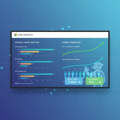 A blue digital dashboard screen titled 'VIVA INSIGHTS' showing charts and metrics.