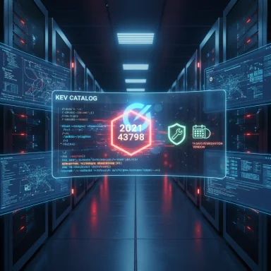 Futuristic data center with a holographic panel labeled KEV CATALOG and security icons.