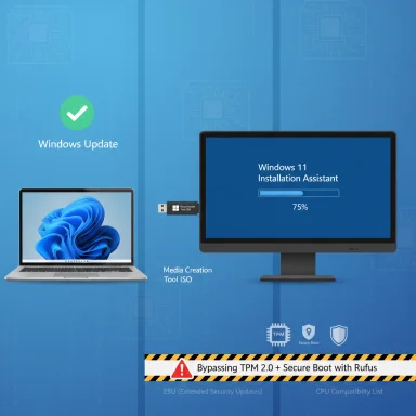 Blue Windows setup screen featuring Windows Update, Windows 11 Installer at 75%, and a TPM/Secure Boot bypass warning.