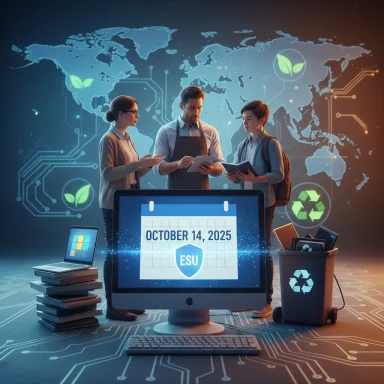 Three people discuss sustainability tech as a monitor shows Oct 14, 2025, before a global eco-map backdrop.