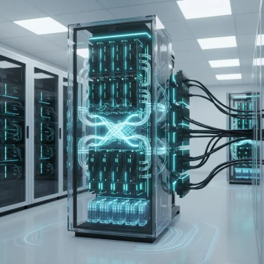 A glass-front server rack in a data center, glowing with neon-blue cabling.