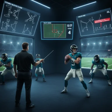 Coach directs a QB drill in a high-tech football training room with tactical screens.