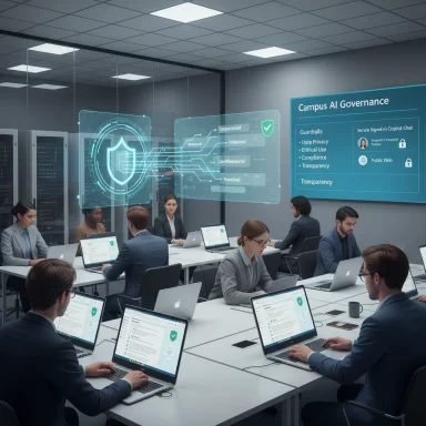 A team of professionals works in a high-tech conference room with holographic AI security displays.