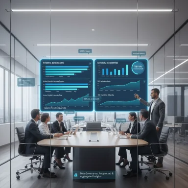 A team in a glass-walled boardroom reviews holographic data dashboards.