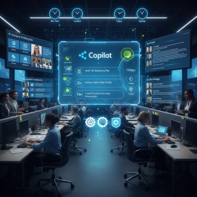 A futuristic control room with holographic Copilot interface and a global team analyzing data.