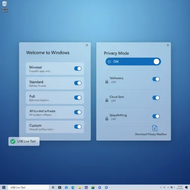 Two floating panels on a blue Windows desktop: Welcome to Windows and Privacy Mode. Two floating panels on a blue Windows desktop: Welcome to Windows and Privacy Mode.