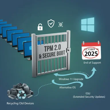TPM 2.0 and Secure Boot gate for Windows 11 upgrade, with Oct 2025 End of Support and device recycling.