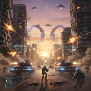 Futuristic city battle with tanks, soldiers, and aircraft amid explosions under a sunset sky.