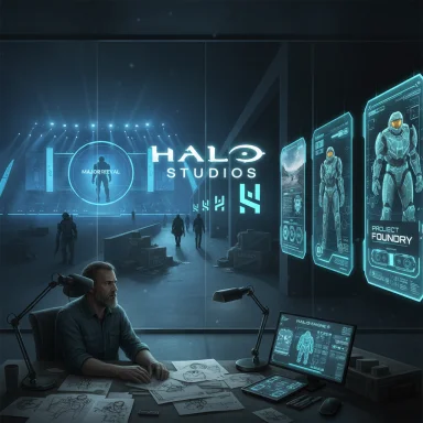 A designer in Halo Studios reviews armor schematics beside glowing holographic displays.
