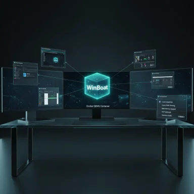 Futuristic multi-monitor setup centered on a glowing WinBoat Docker QEMU container hub.