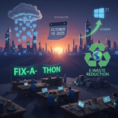 Futuristic Fix-A-Thon hackathon scene promoting e-waste reduction and a Windows upgrade.