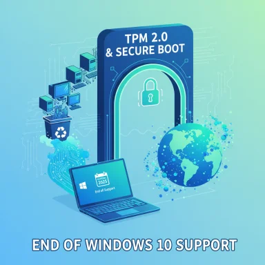 Illustration highlights TPM 2.0 and Secure Boot as Windows 10 support ends.