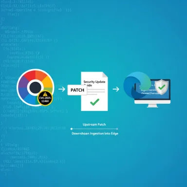 Three-step patch flow: vulnerability detected, security update issued, patch applied to Edge browser.