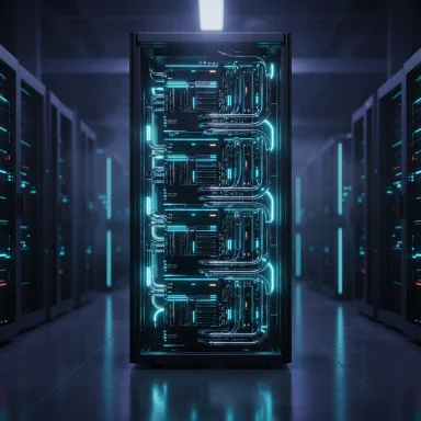 A neon-blue server rack in a data center, with glowing cables and illuminated circuitry.