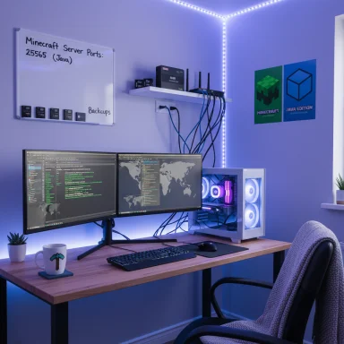 A modern gaming workstation with dual monitors, RGB PC, and blue LED lighting.