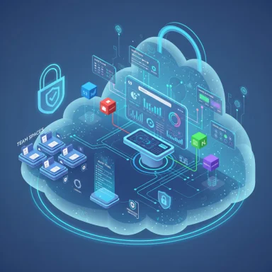 Futuristic cloud computing hub with dashboards, security icons, and interconnected data streams.