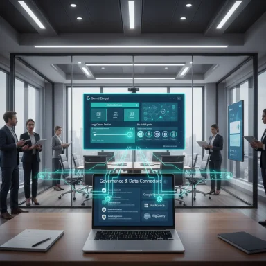 A modern business meeting in a glass-walled conference room featuring holographic data dashboards.