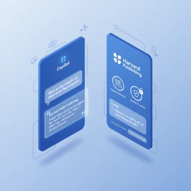 Two floating blue panels labeled Copilot and Harvard Publishing showcasing AI health content.
