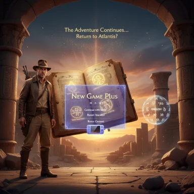 Adventurer beside a glowing ancient book in Atlantis ruins, announcing New Game Plus.