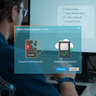 User faces a system rollback prompt showing a corrupted C: drive next to a healthy D: backup drive.