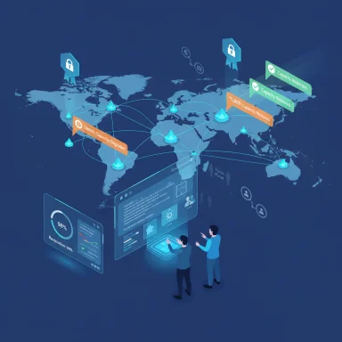 Global map of interconnected data centers with dashboards and two technicians monitoring.