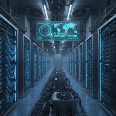 Data center aisle of glowing server racks with a holographic AI compute pressure display.