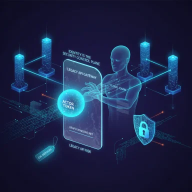 Futuristic holographic security scene: identity-as-control-plane guarding a token-based gateway.