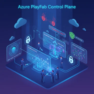 Futuristic holographic control plane for Azure PlayFab with avatars and data panels.