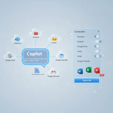 Copilot connects cloud services (OneDrive, Outlook, Gmail, Google Drive/Calendar) for export.