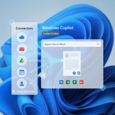 Windows Copilot UI on a blue Windows background with a connectors panel and document export to Word.