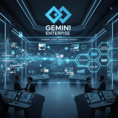 A futuristic command center featuring neon-blue holographic displays and Gemini Enterprise branding.