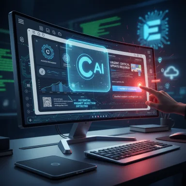 Futuristic AI security dashboard on a large monitor, with a hand pointing to an urgent update.