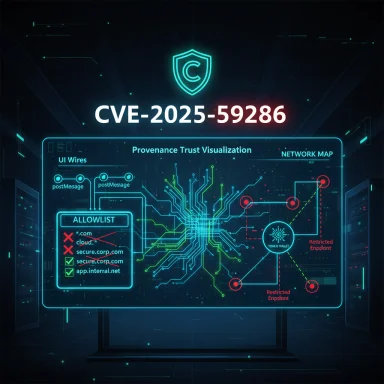 Futuristic cybersecurity dashboard visualizing CVE-2025-59286 with a network map and allowlist.
