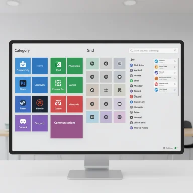 A desktop monitor displays a colorful tile-based app grid with categorized blocks.