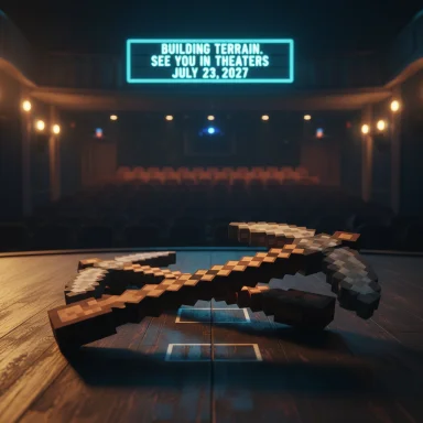 Pixelated swords rest on a theater stage beneath a blue neon sign.