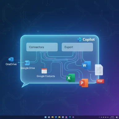 Futuristic Copilot panel linking Google Drive, OneDrive, Contacts, and Office apps.