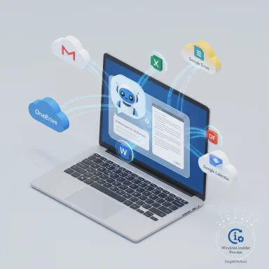 A laptop displays a chatbot with floating cloud icons (Gmail, OneDrive, Google Drive, Excel, Word) around it.
