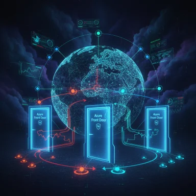 Three Azure Front Door servers form a glowing, global holographic network around the Earth.