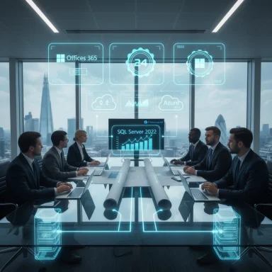 Executive team in a high-tech conference room reviews SQL Server 2022 via holographic displays.
