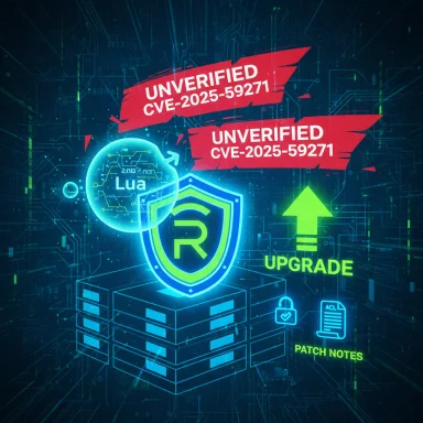 Cybersecurity illustration highlighting an unverified CVE-2025-59271 with upgrade and patch notes.