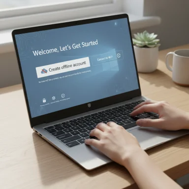 A person types on a laptop at a desk; the screen reads 'Welcome, Let's Get Started.'