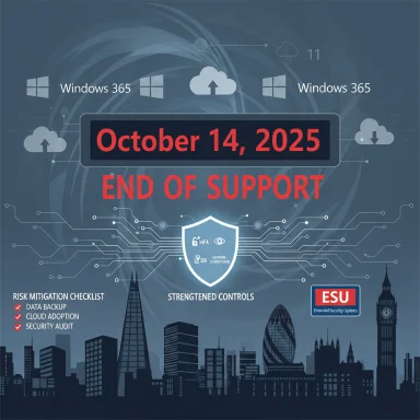 Tech poster warns Windows 365 end of support on October 14, 2025, with security controls.