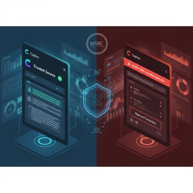 Split-screen Copilot UI: blue 'Trusted Source' left vs red 'Security Risk' right, with a central shield. Split-screen Copilot UI: blue 'Trusted Source' left vs red 'Security Risk' right, with a central shield.