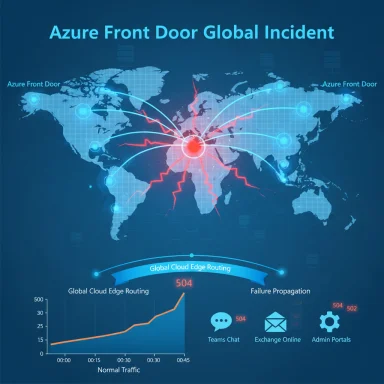 Azure Front Door global incident infographic showing worldwide routing disruption and 504 errors.