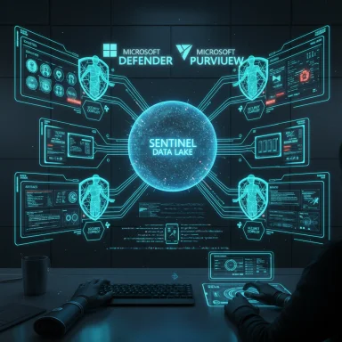 A futuristic security operation hub featuring a glowing Sentinel Data Lake and Microsoft Defender/Purview dashboards.