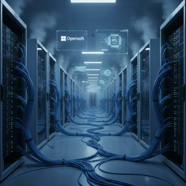 A futuristic data center corridor with server racks, blue cables, and floating holographic displays.