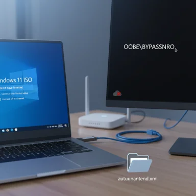 A dual-screen desk setup with Windows 11 ISO on the laptop and a garbled “OOBE BYPASS” message on the monitor.