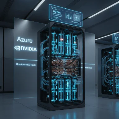 Azure & NVIDIA quantum data center with glowing blue quantum hardware racks.