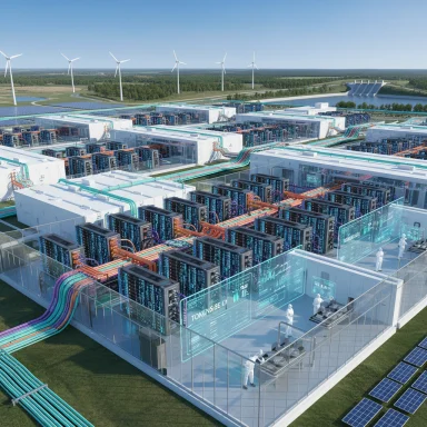 Futuristic data center with glass walls and colorful cables, powered by wind turbines and solar panels.