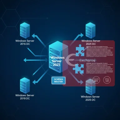 Central Windows Server 2025 hub connected to multiple DCs (2016, 2019, 2025).